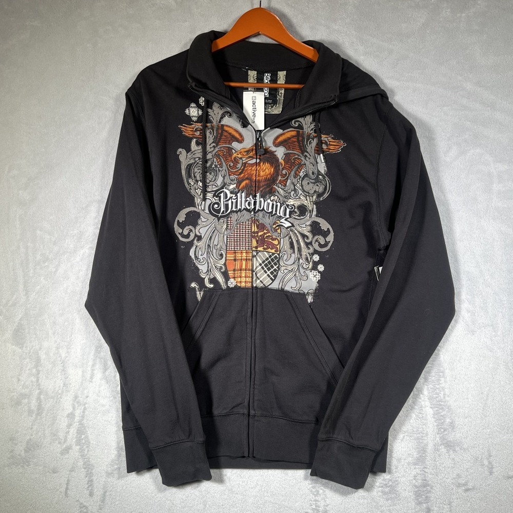 Billabong Hoodie Mens Large Black Zip Up Sweatshirt Gothic Tattoo Graphic Eagle
